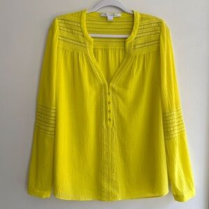 Diane Von Furstenberg DVF Blouse Yellow Lace Trim Cotton Top Womens SZ 10 Large